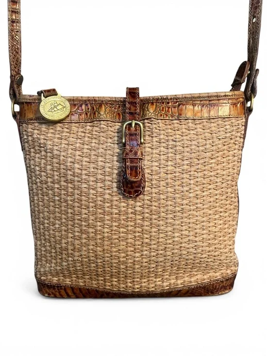Brahmin Vintage Straw Woven Crossbody Bag Croc Leather Trim Boho Summer - Picture 1 of 9